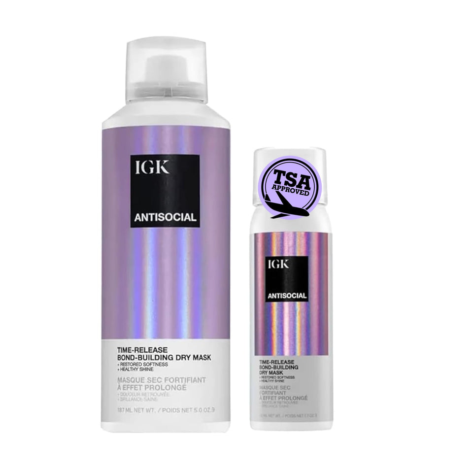 IGK Antisocial dry hair mask bottle pour illustrates overnight bond-building care