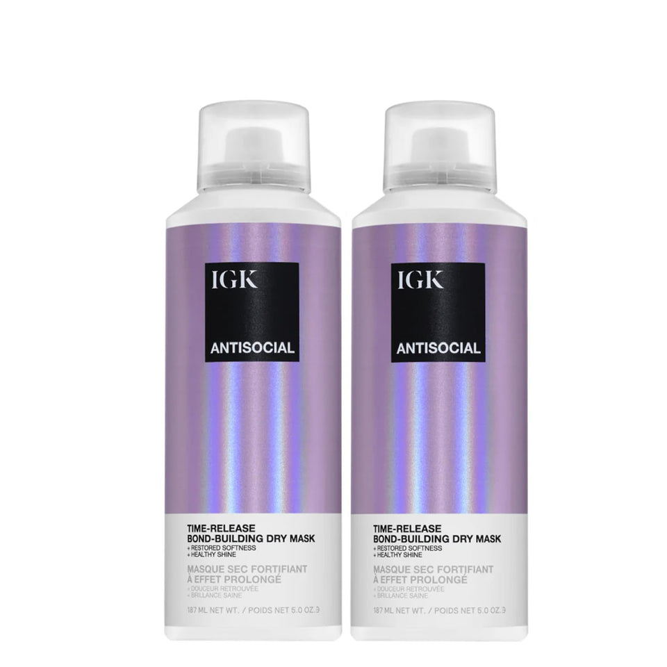 IGK Antisocial Dry Hair Mask two-pack display for overnight hydration.