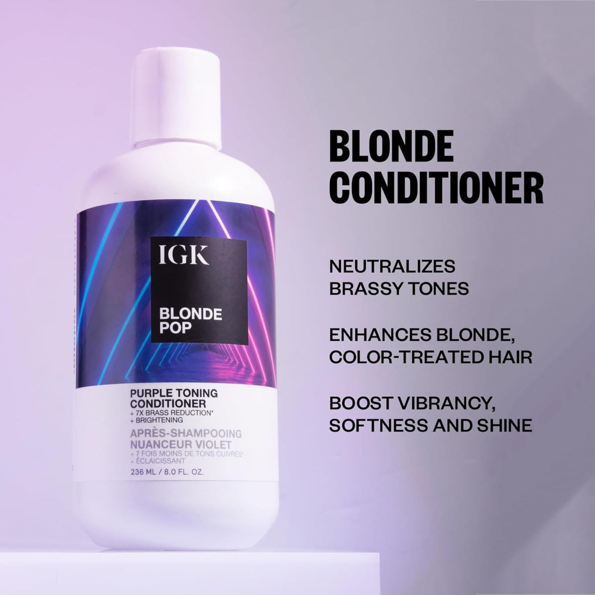 IGK Blonde Pop bottle sits on a vanity, ready for a quick wash-day tone-up.
