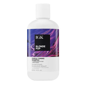 IGK Blonde Pop Purple Shampoo bottle front showing violet toning for brass neutralization