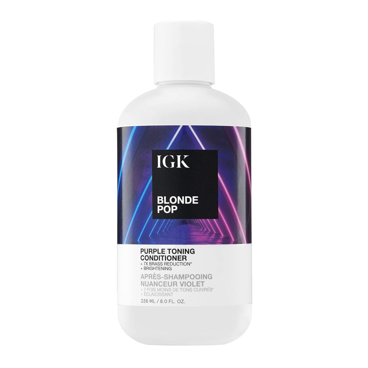 IGK Blonde Pop purple-toning conditioner bottle demonstrates brass-neutralizing action for cooler blonde tones.
