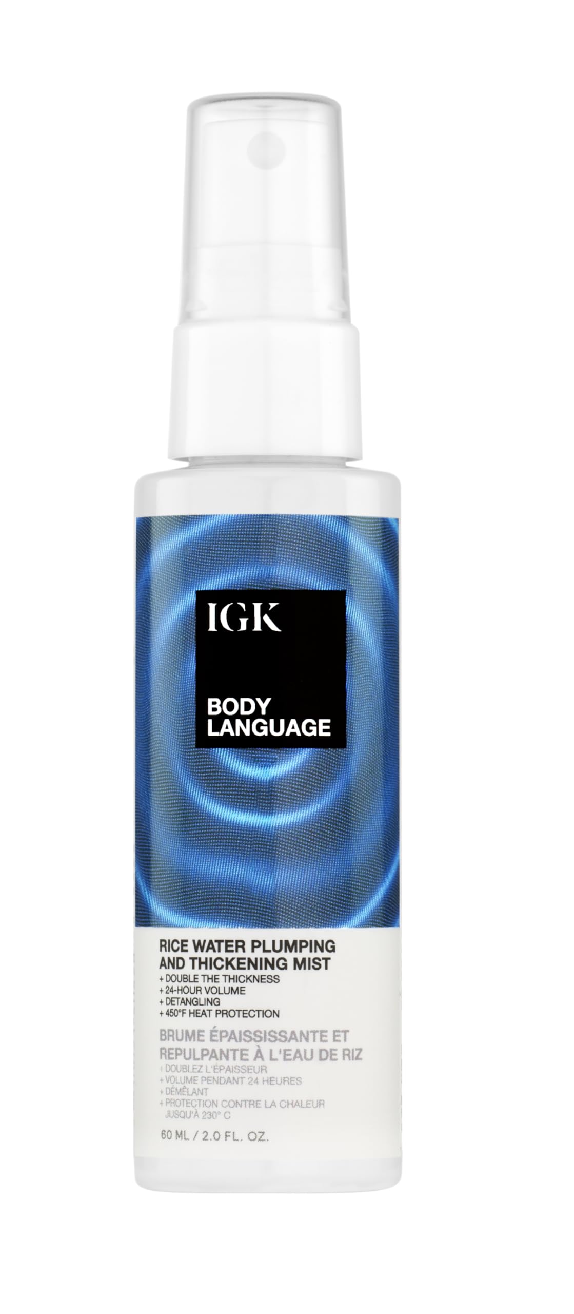 IGK Body Language Rice Water Mist Travel bottle for volumizing, detangling, and heat protection.