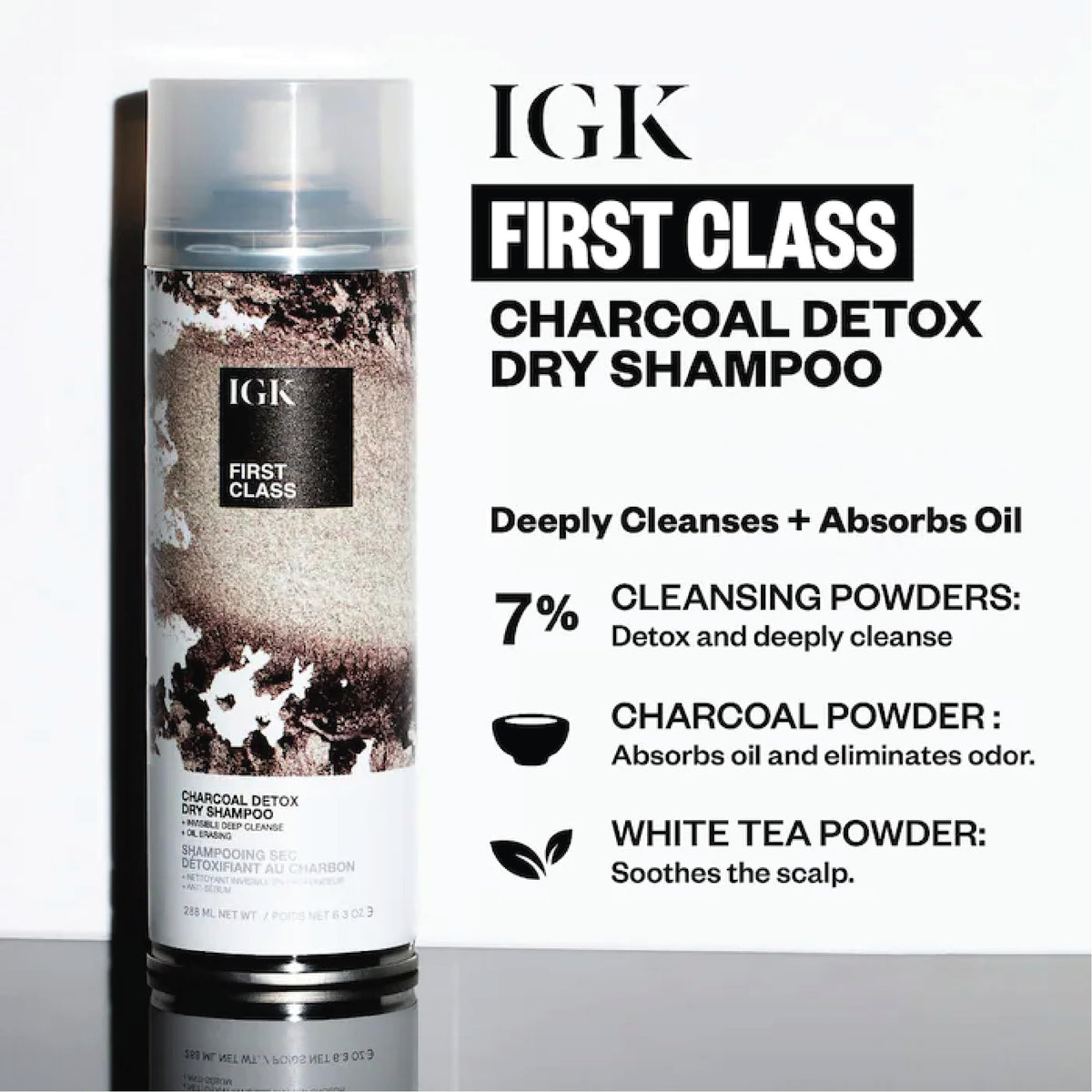 IGK First Class Charcoal Detox Dry Shampoo bottle close-up highlighting the detox formula.
