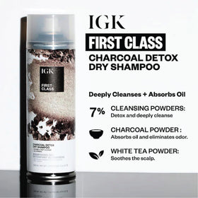 IGK First Class Charcoal Detox Dry Shampoo bottle close-up highlighting the detox formula.