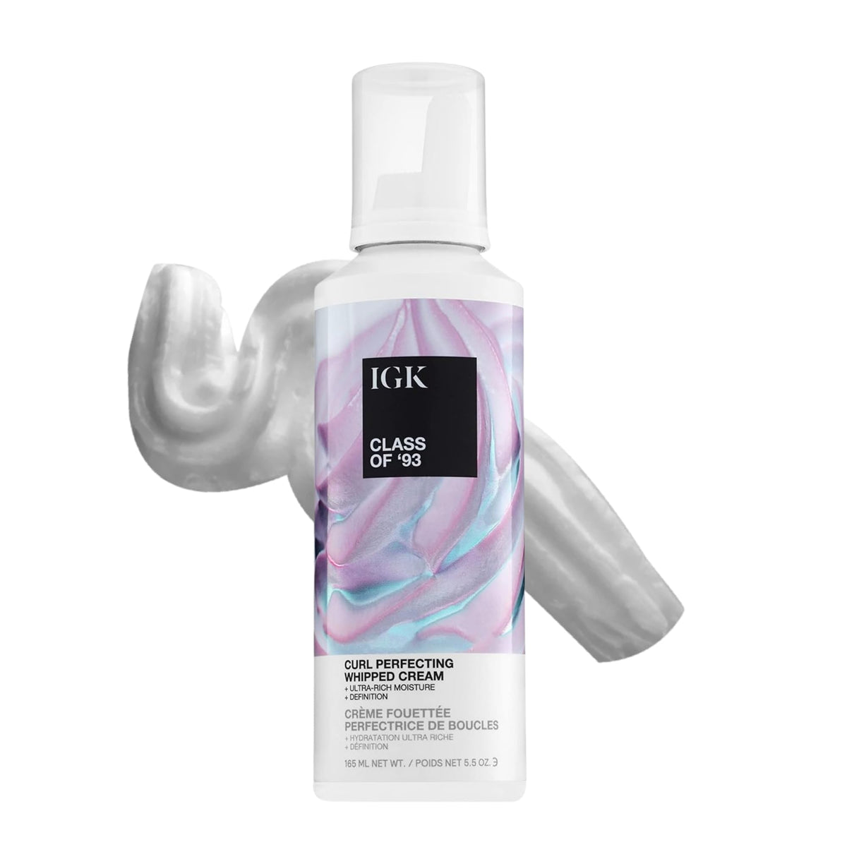 IGK Class of ’93 Curl Perfecting Whipped Cream bottle for defined, hydrated curls