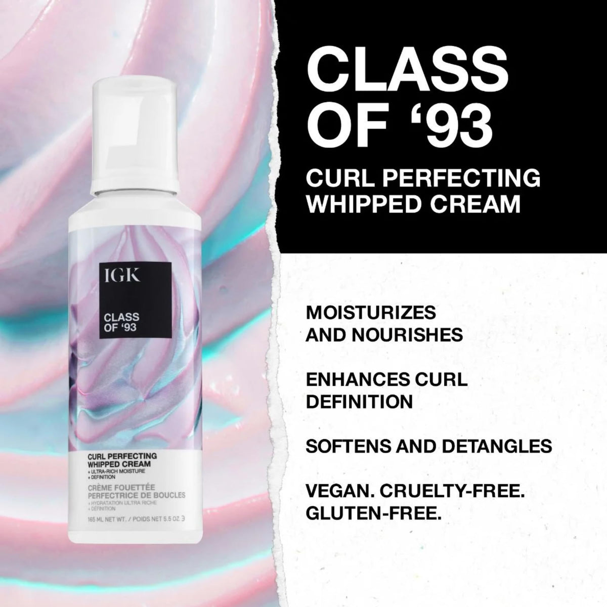 Creamy whipped texture of IGK Class of ’93 for soft detangling and definition