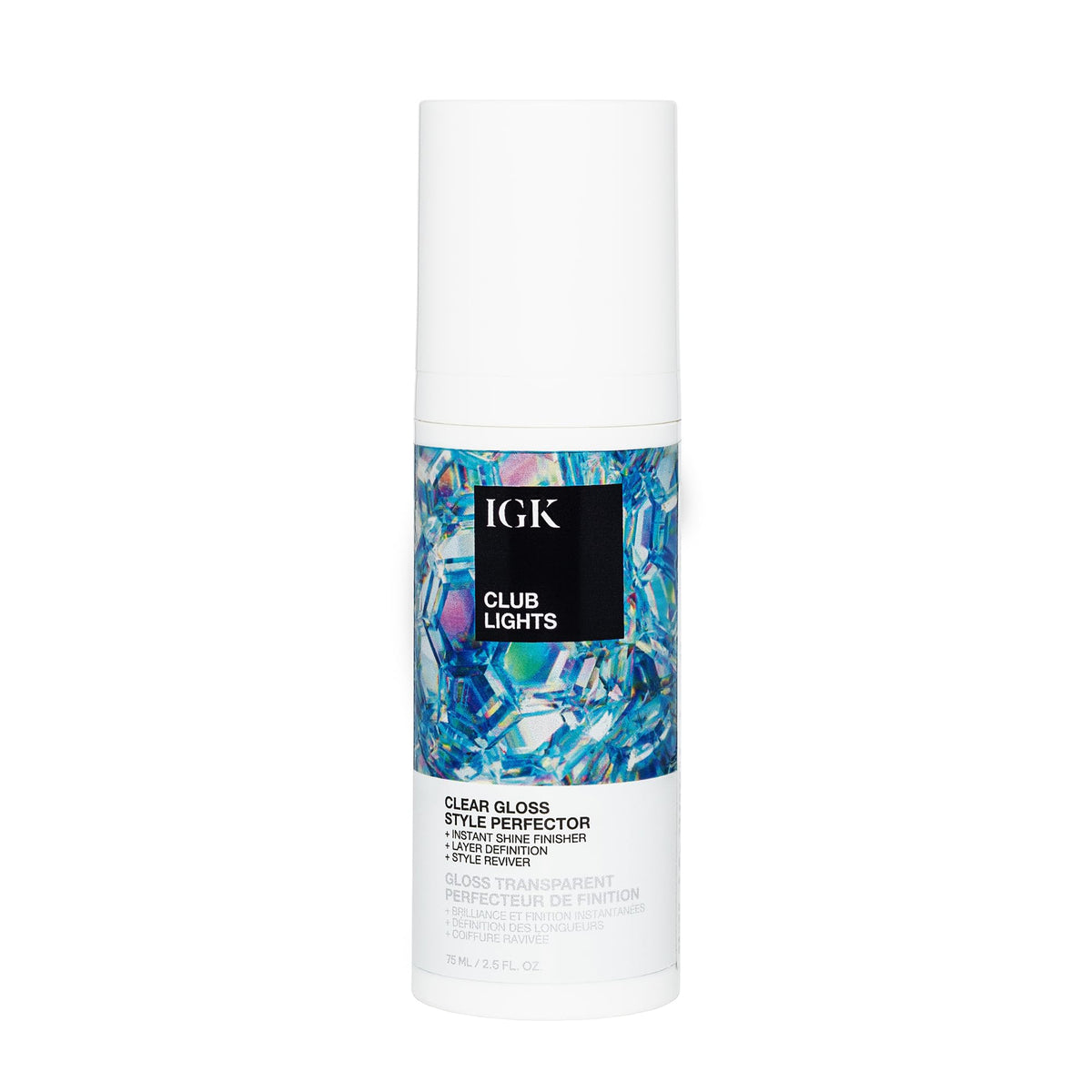 IGK Club Lights Clear Gloss bottle with pump delivering instant shine