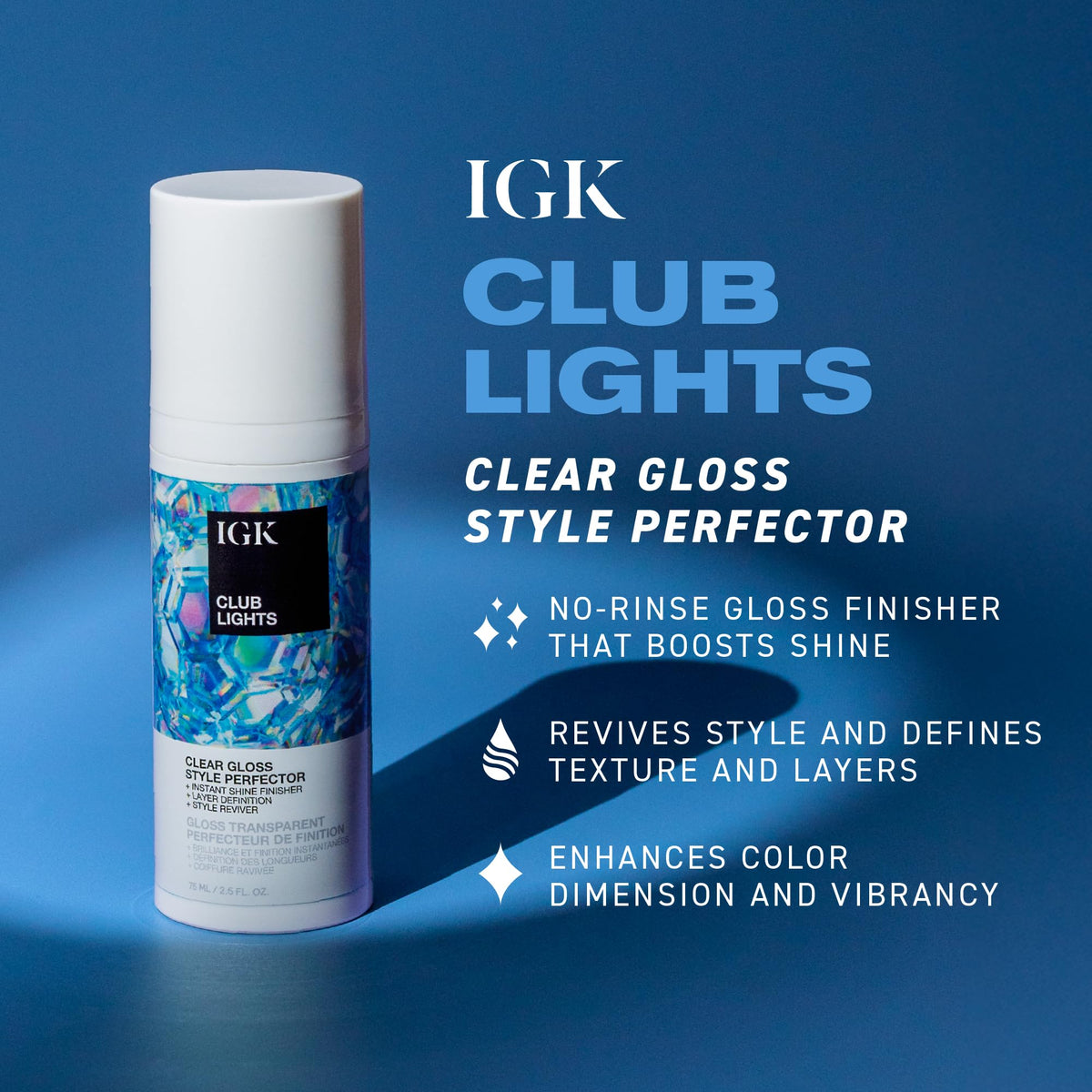 IGK Club Lights Clear Gloss in hand showing smooth, no-rinse finish