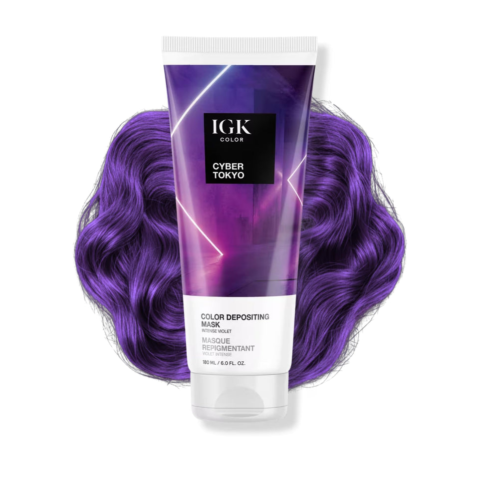 IGK Cyber Tokyo color depositing mask bottle showing intense violet refresh for vibrant salon-like color