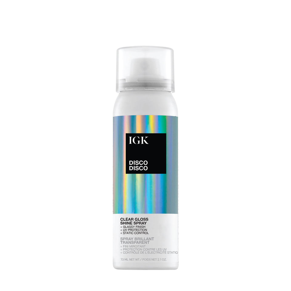 IGK Disco Disco travel size bottle showing glassy shine on the go