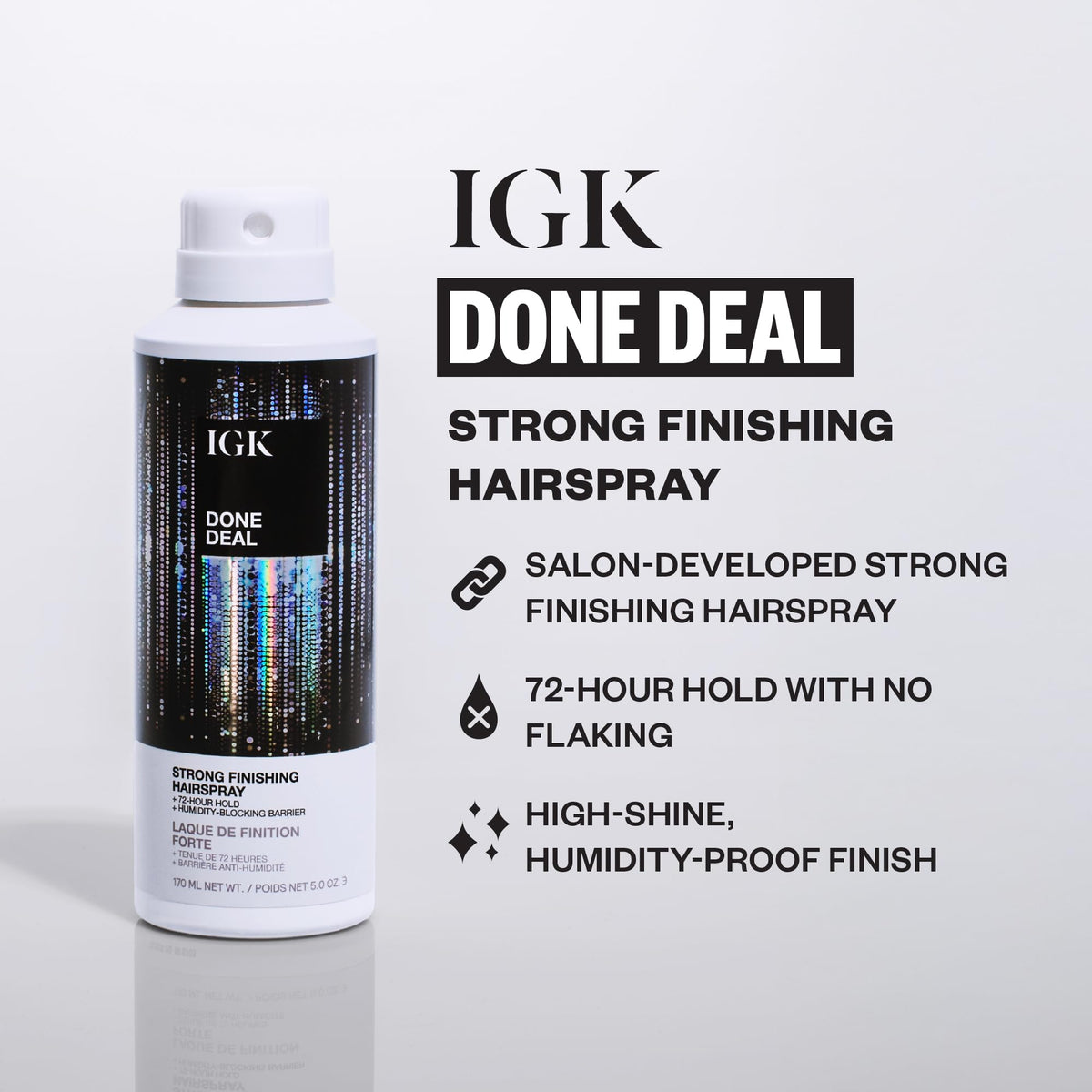 IGK Done Deal mist dispensing action shows weightless application for all hair types.