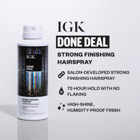 IGK Done Deal mist dispensing action shows weightless application for all hair types.