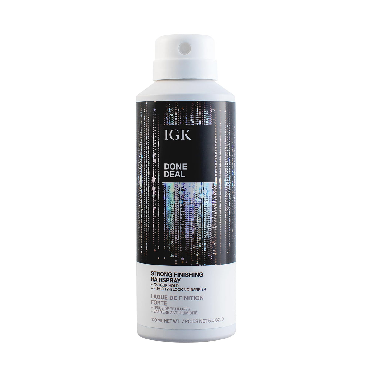 IGK Done Deal spray bottle front view for long-lasting, humidity-resistant hold.