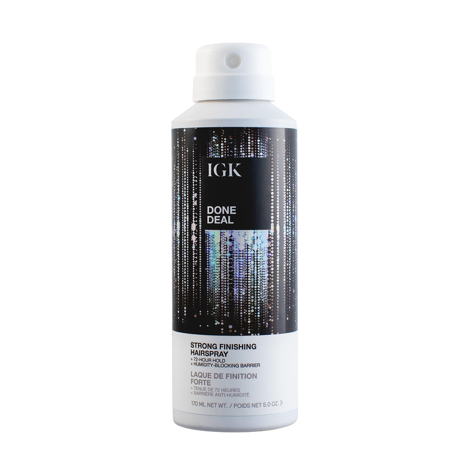 IGK Done Deal spray bottle front view for long-lasting, humidity-resistant hold.