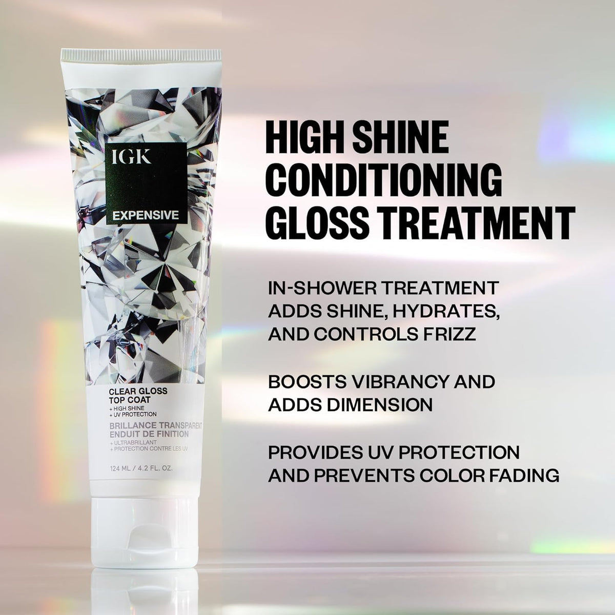 Two 4.2 oz IGK Expensive Clear Gloss Top Coat bottles in a pack.