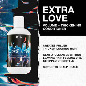 IGK Extra Love conditioner bottle highlights lightweight, fullness-boosting formula