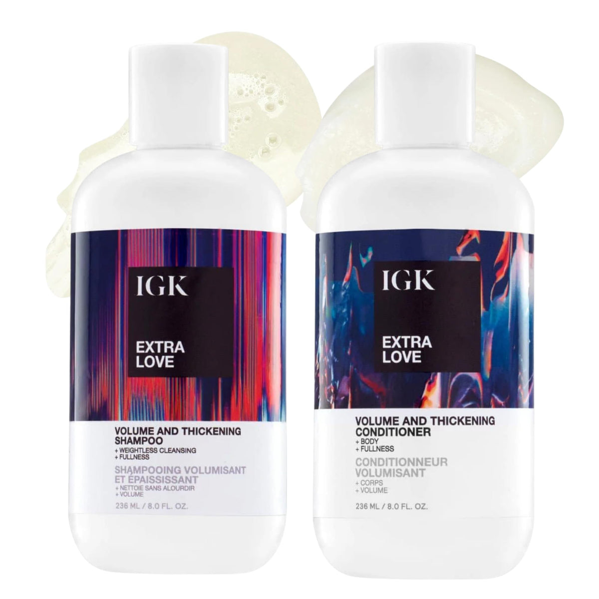 IGK Extra Love shampoo bottle showing volumizing formula for fine hair