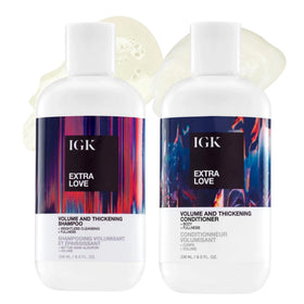 IGK Extra Love shampoo bottle showing volumizing formula for fine hair