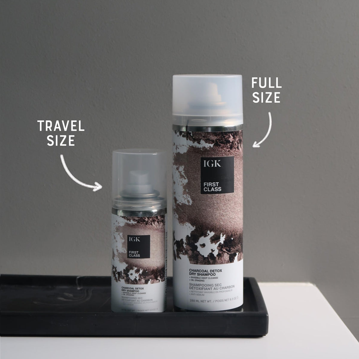 IGK First Class Charcoal Detox Dry Shampoo travel-size pack back, showing dual-pack for trips.