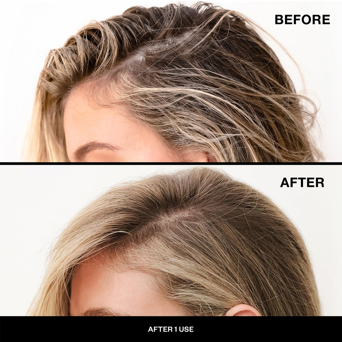 IGK First Class Detox Dry Shampoo before-after illustrates lifted volume without heaviness.