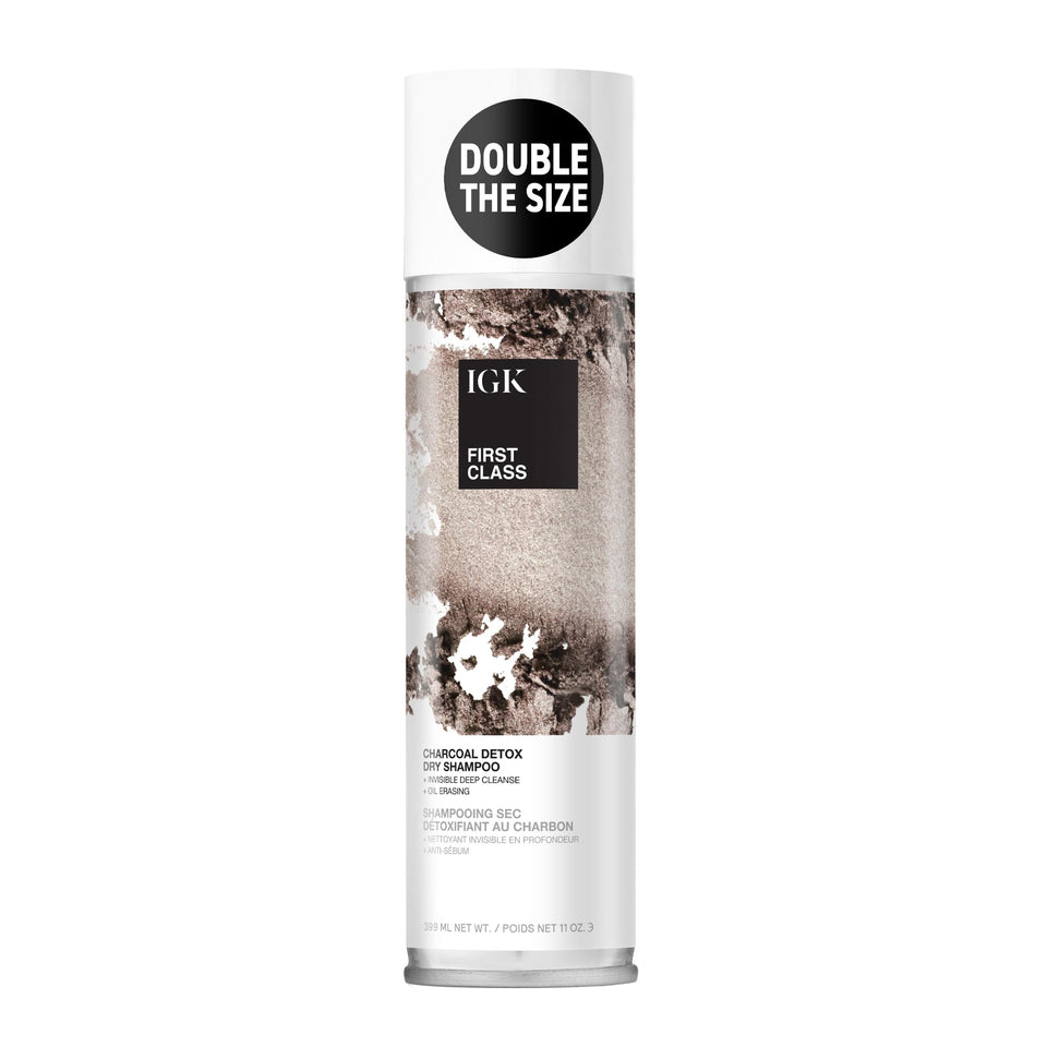 IGK First Class Detox Dry Shampoo bottle shows oil control for refreshed roots.