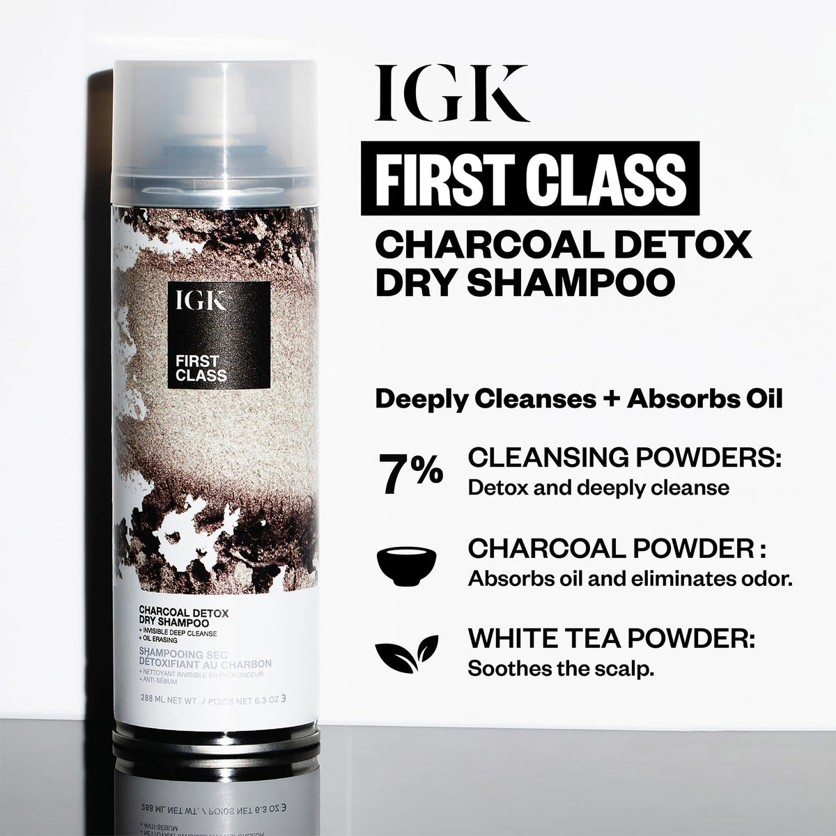 IGK First Class Detox Dry Shampoo dispense demonstrates quick, even application.