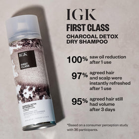 IGK First Class Detox Dry Shampoo foam-texture blends invisibly with no white residue.