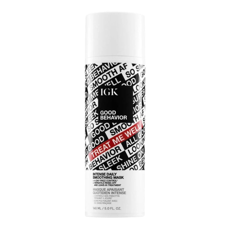 IGK Good Behavior mask bottle close-up showing smoothing formula for frizz-prone hair.