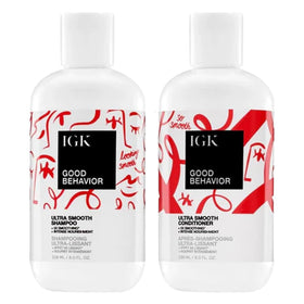 IGK GOOD BEHAVIOR shampoo bottle with frizz-control for sleek, shiny hair.
