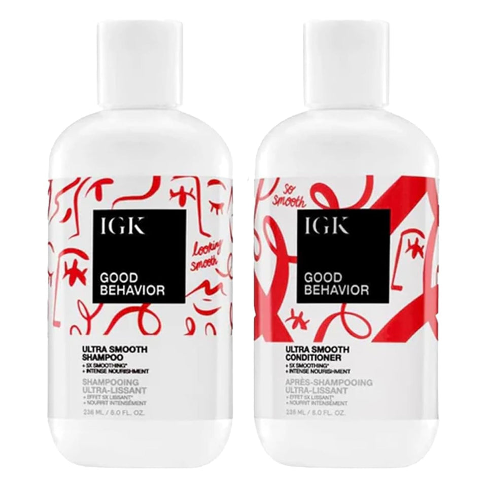 IGK GOOD BEHAVIOR shampoo bottle with frizz-control for sleek, shiny hair.