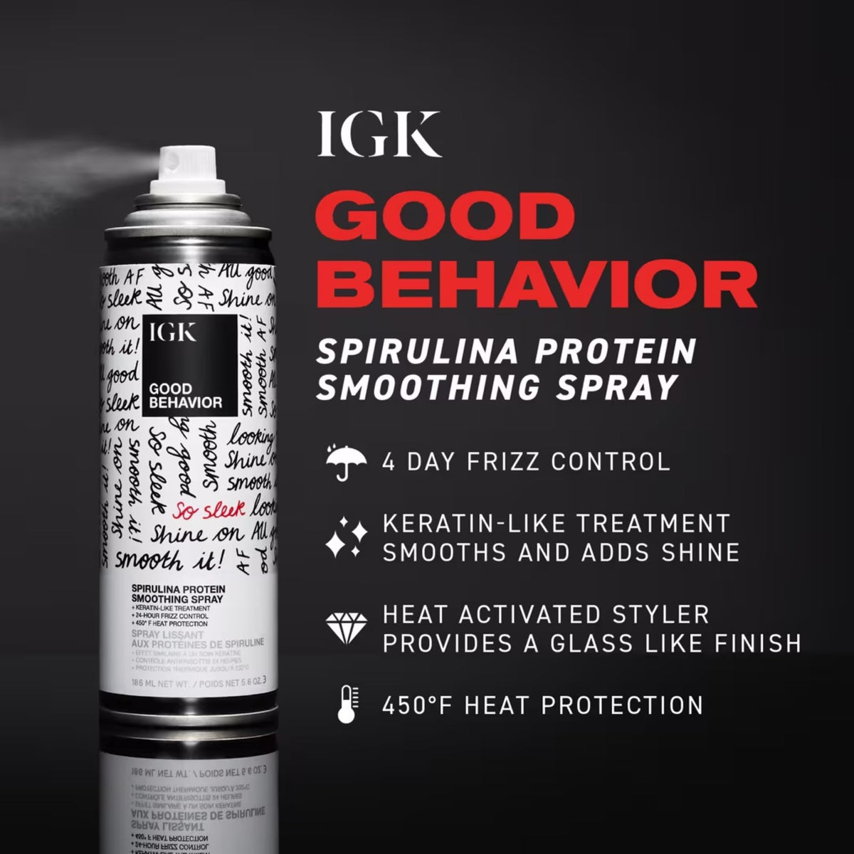 IGK GOOD BEHAVIOR smoothing spray applied on hair for frizz control during styling