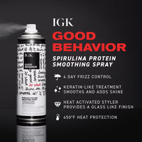 IGK GOOD BEHAVIOR smoothing spray applied on hair for frizz control during styling