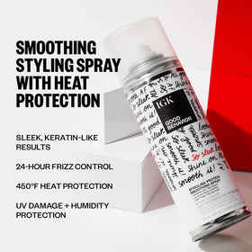 IGK Good Behavior Spirulina Protein Smoothing Spray closeup demonstrates smoothing action activated by heat
