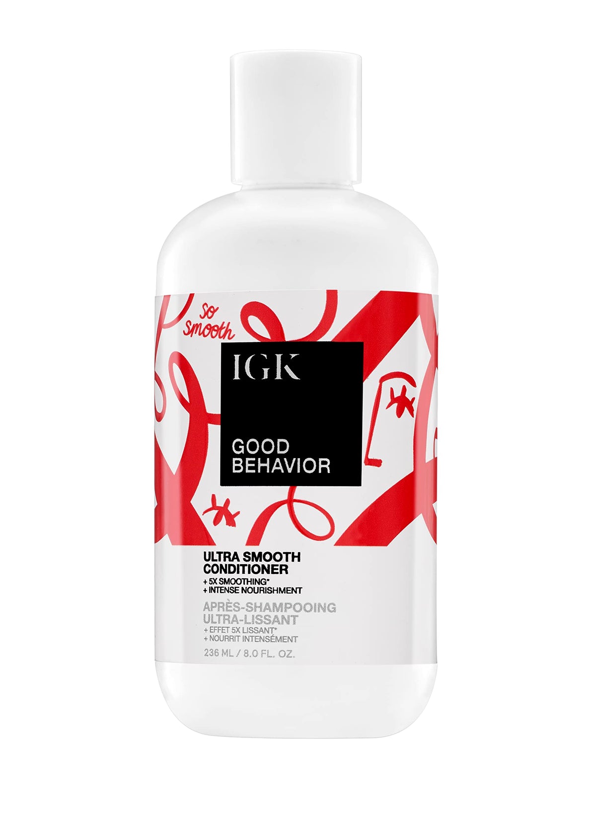IGK GOOD BEHAVIOR Ultra Smooth Conditioner bottle showcases sleek design for smoother, shinier hair