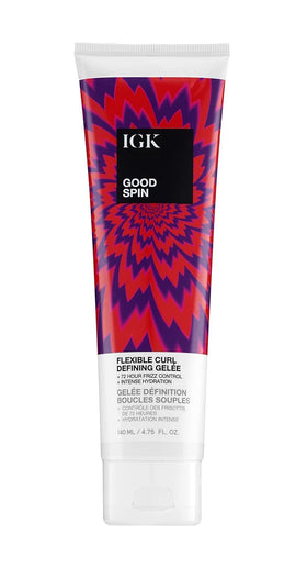 IGK Good Spin bottle front view highlighting hydrated, defined curls.