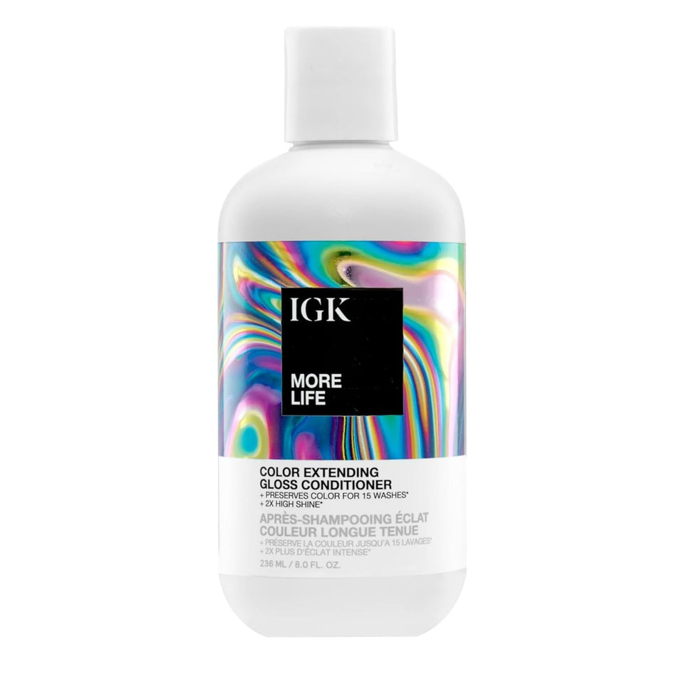 IGK MORE LIFE bottle pour shows easy, color-preserving conditioning for treated hair.
