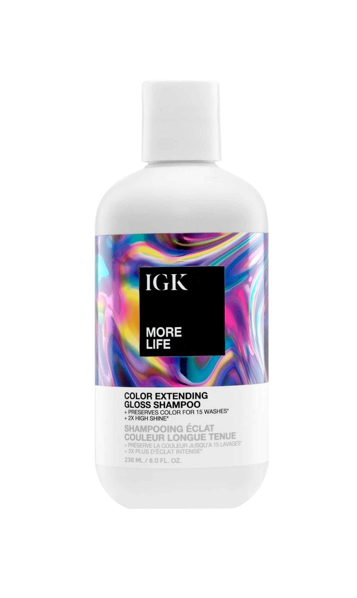 IGK MORE LIFE bottle emphasizes color-safe cleansing for vibrant color.
