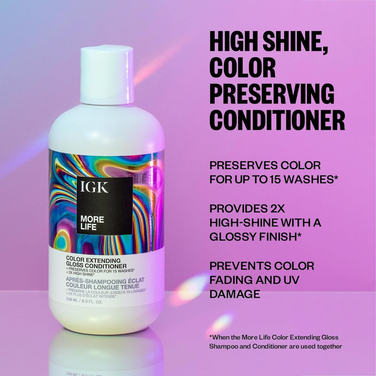 IGK MORE LIFE color-locking polymers close-up illustrate cuticle sealing for color retention.