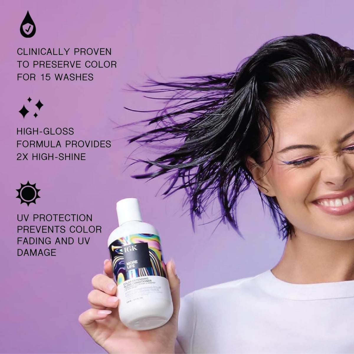 IGK More Life duo packaging with shampoo and conditioner bottles.