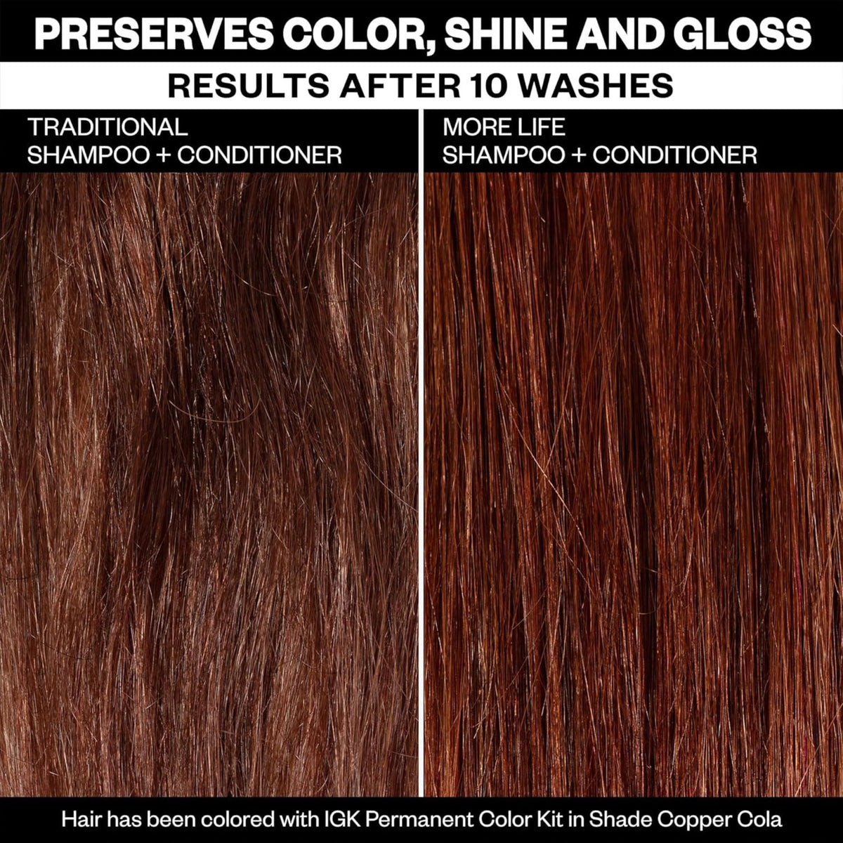 IGK MORE LIFE gloss close-up highlights vibrant shine on color-treated hair.
