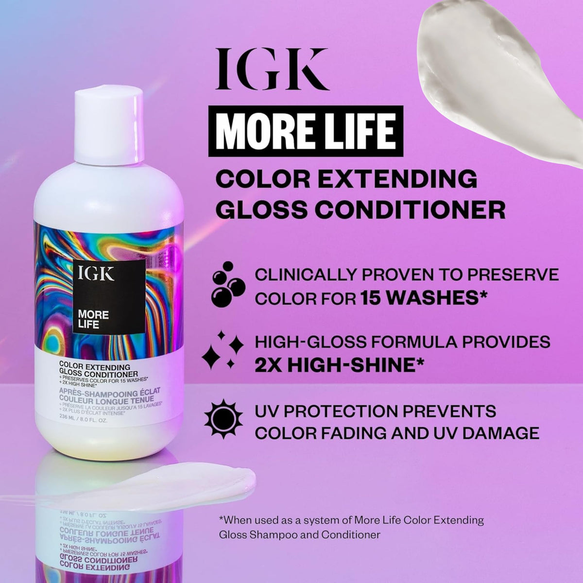 IGK More Life Gloss Conditioner being applied for color lock and gloss.