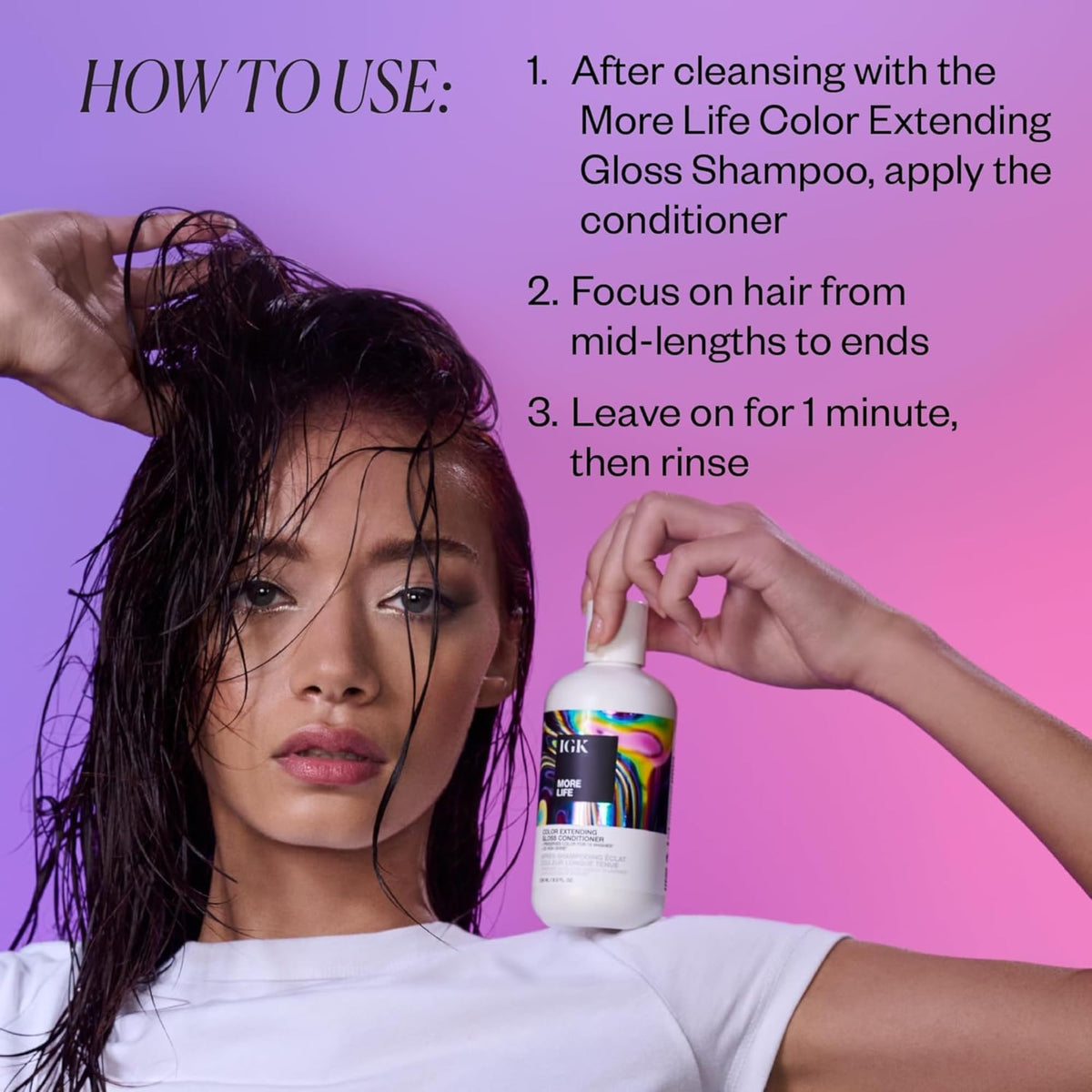 IGK MORE LIFE UV protection image emphasizes fade prevention under sun exposure.