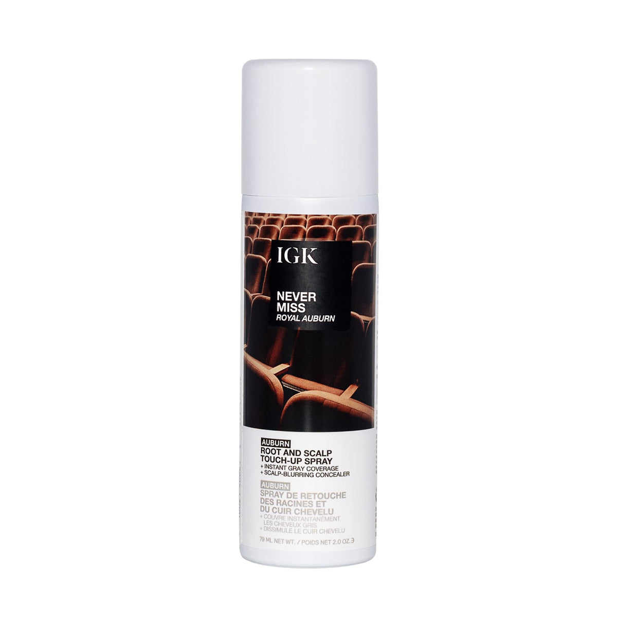 IGK Never Miss Root Touch-Up Spray Auburn conceals gray roots for a natural look.