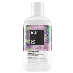 IGK Pay Day shampoo bottle highlights bond-repair cleansing for damaged, color-treated hair.