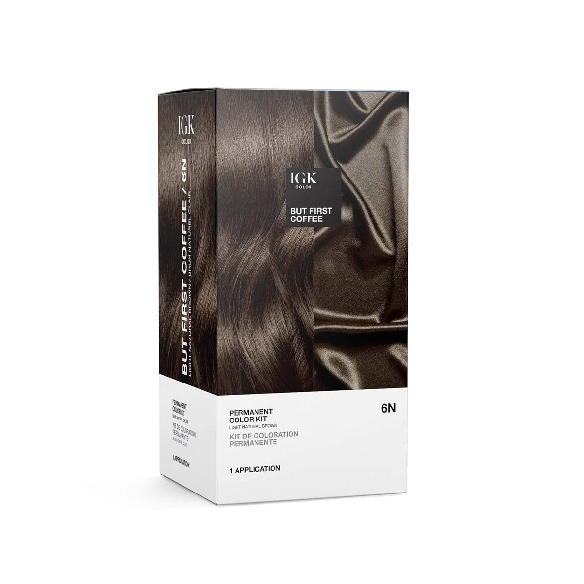 IGK 6N But First Coffee bottle for at-home permanent color with full gray coverage