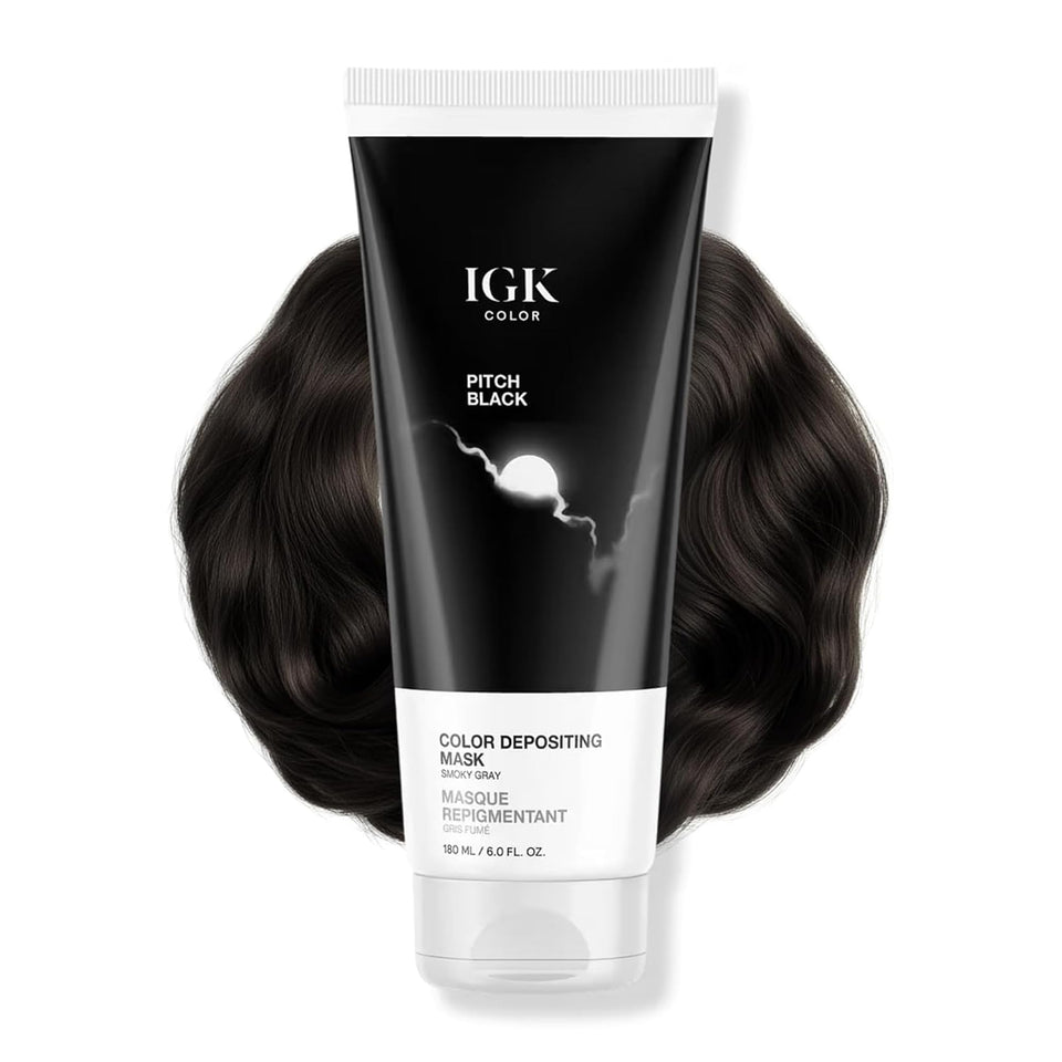 IGK Pitch Black color depositing mask bottle pour showing subtle smoky gray refresh