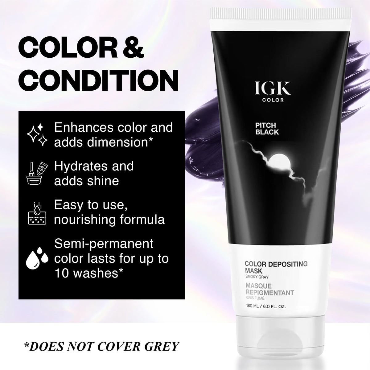 IGK Pitch Black color depositing mask jar application delivering conditioning and cool-tone refresh