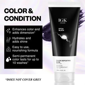 IGK Pitch Black color depositing mask jar application delivering conditioning and cool-tone refresh