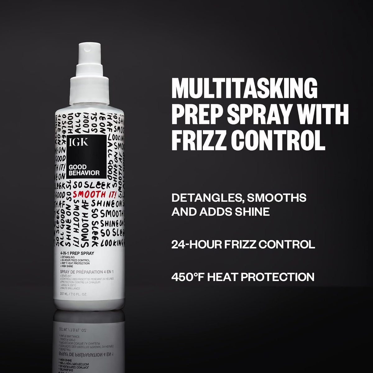 IGK Spirulina Protein Smoothing Spray closeup illustrates smoothing shine and nourishment