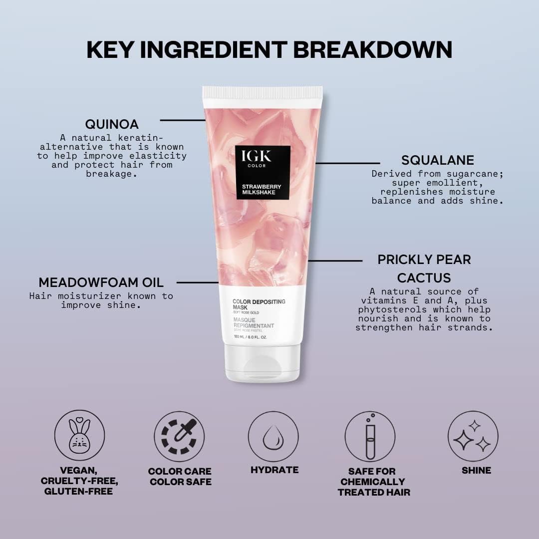 IGK Strawberry Milkshake mask showing 10-wash color longevity effect